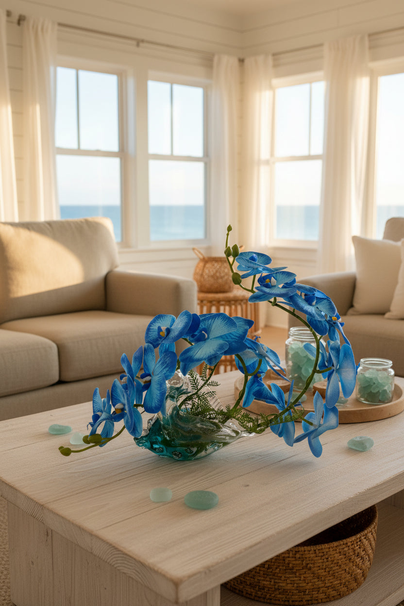 Glass Seashell with Orchids — Blue or Orange