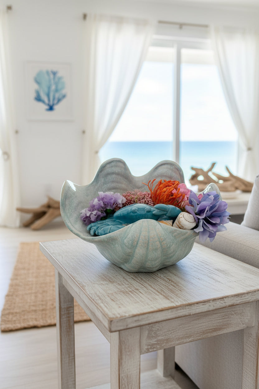 Ceramic Crab Figure in Sea Shell with Coral Reef Flowers & Shells