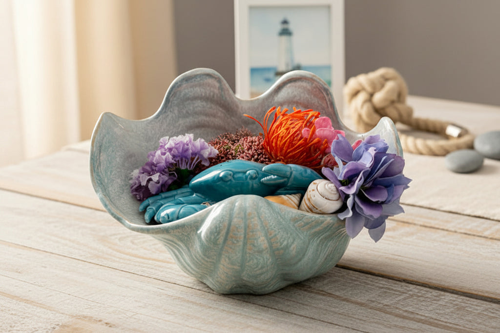 Ceramic Crab Figure in Sea Shell with Coral Reef Flowers & Shells