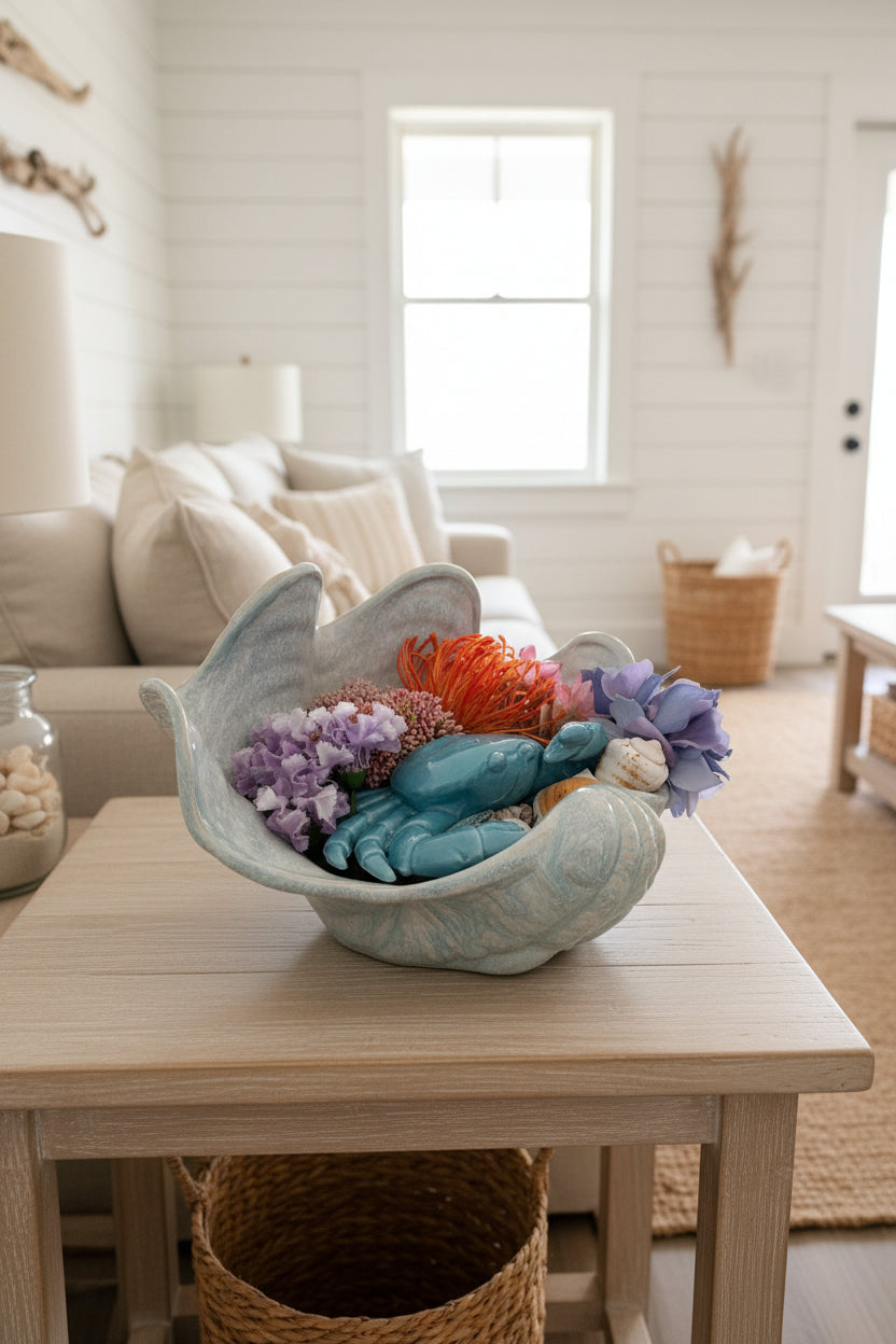 Ceramic Crab Figure in Sea Shell with Coral Reef Flowers & Shells