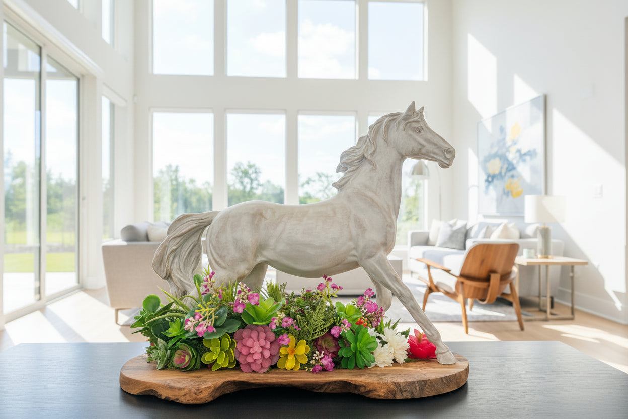 White Horse Figure with Flowers & Succulents