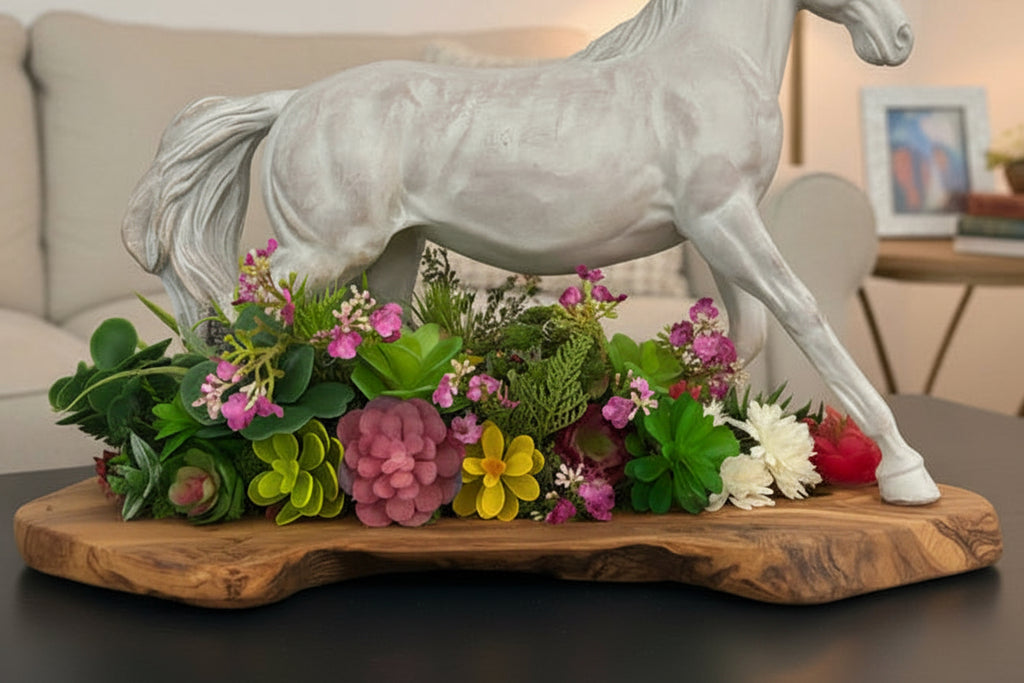 White Horse Figure with Flowers & Succulents