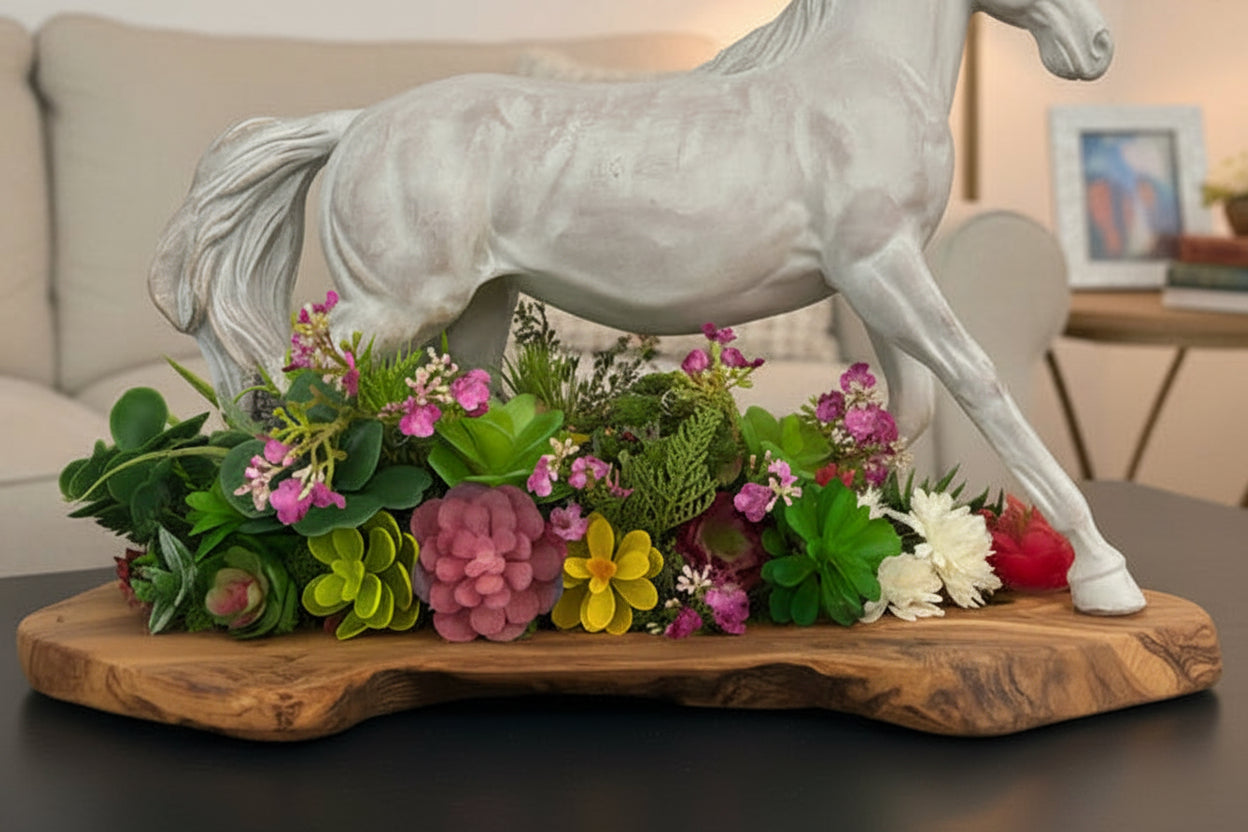 White Horse Figure with Flowers & Succulents