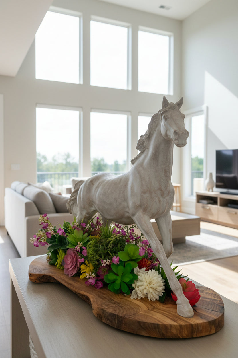 White Horse Figure with Flowers & Succulents