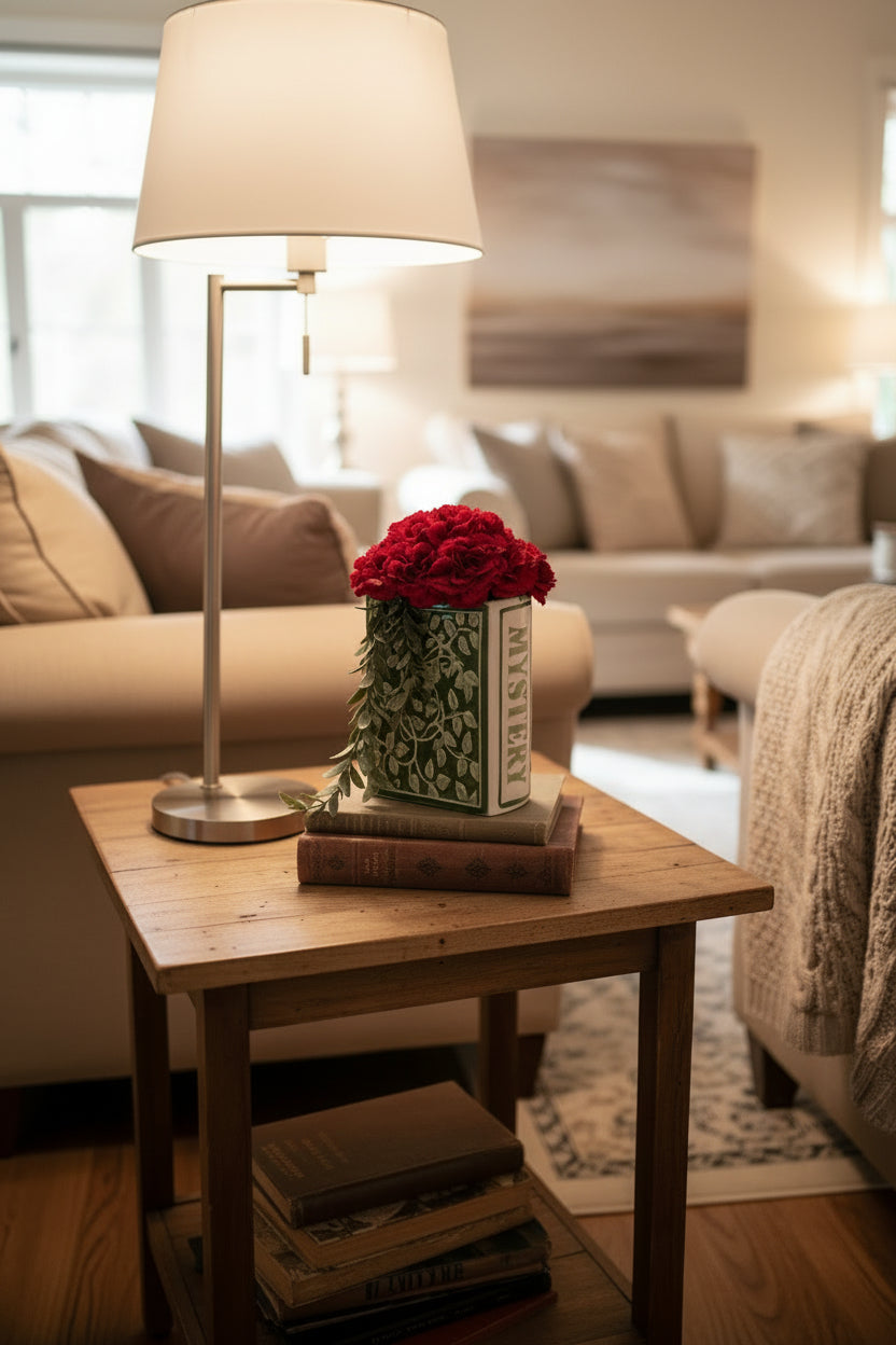 Mystery Flower Book Vase — Dark Red Carnations & Climbing Vines