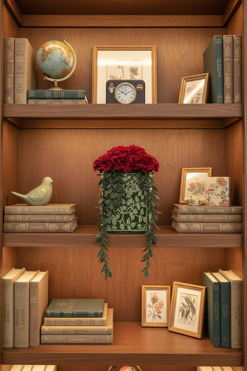 Mystery Flower Book Vase — Dark Red Carnations & Climbing Vines
