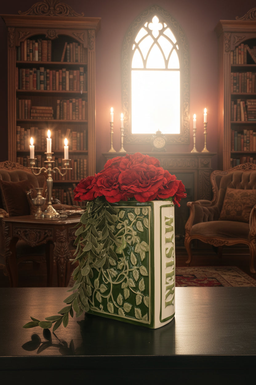 Mystery Flower Book Vase — Dark Red Carnations & Climbing Vines