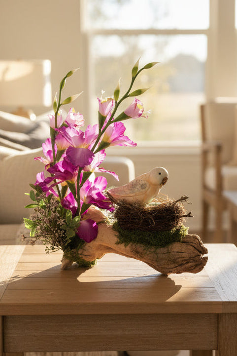 Parakeet Budgie Figurine on Grapewood Nest
