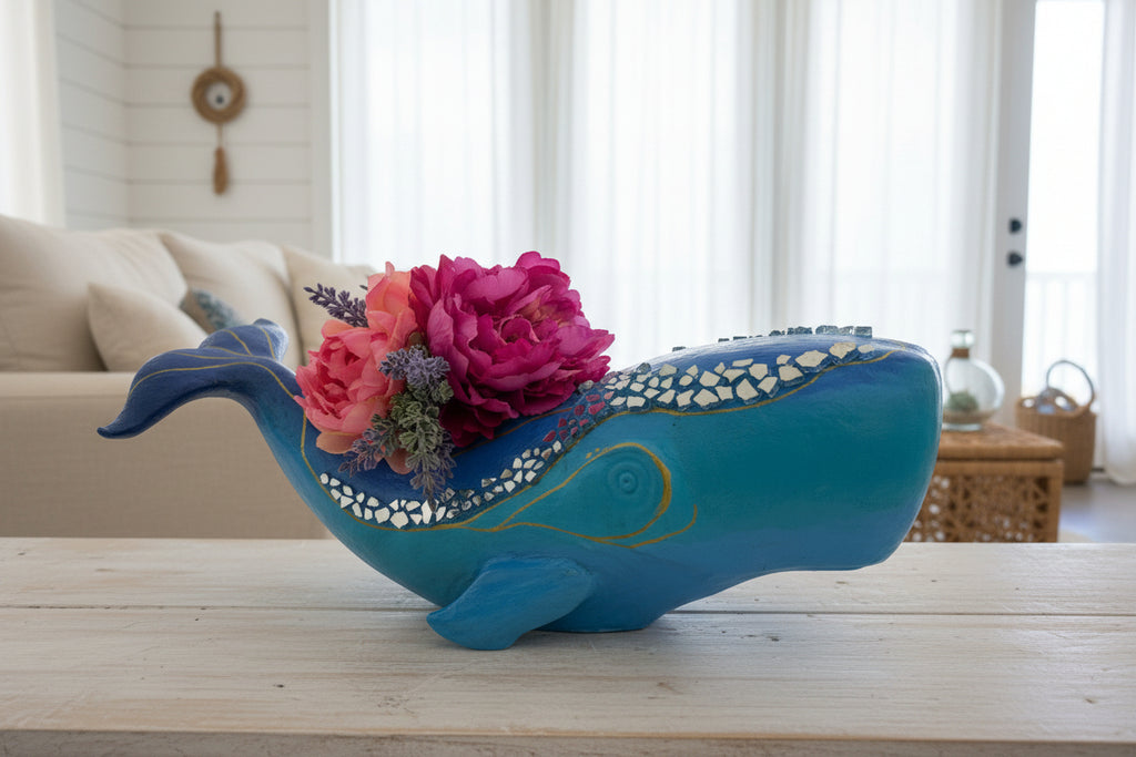Blue Whale with Peonies – Hand-Painted Mosaic Sculpture