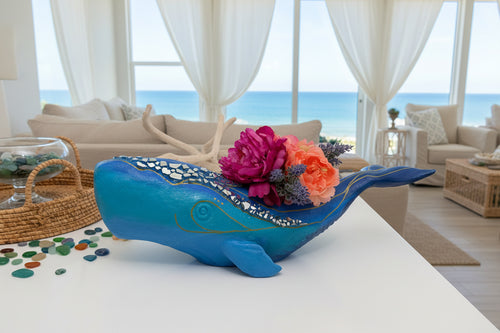 Blue Whale with Peonies – Hand-Painted Mosaic Sculpture