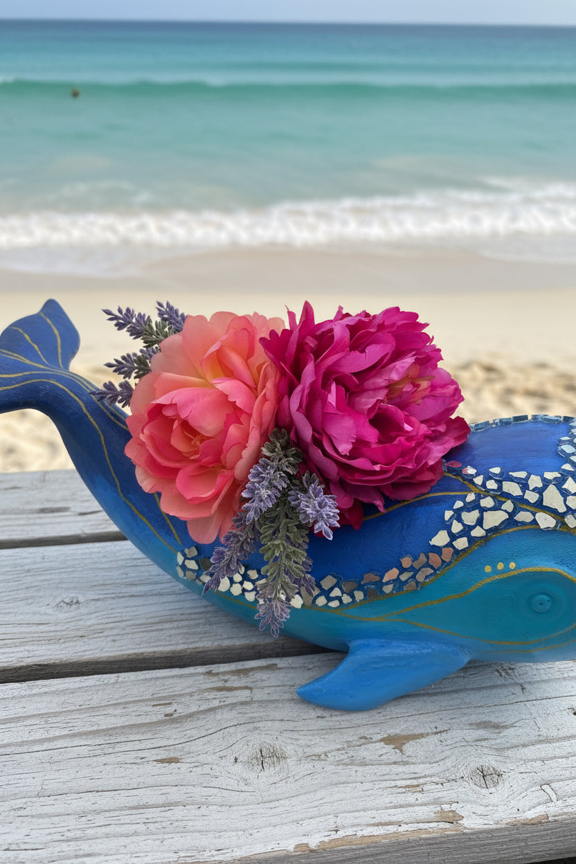 Blue Whale with Peonies – Hand-Painted Mosaic Sculpture