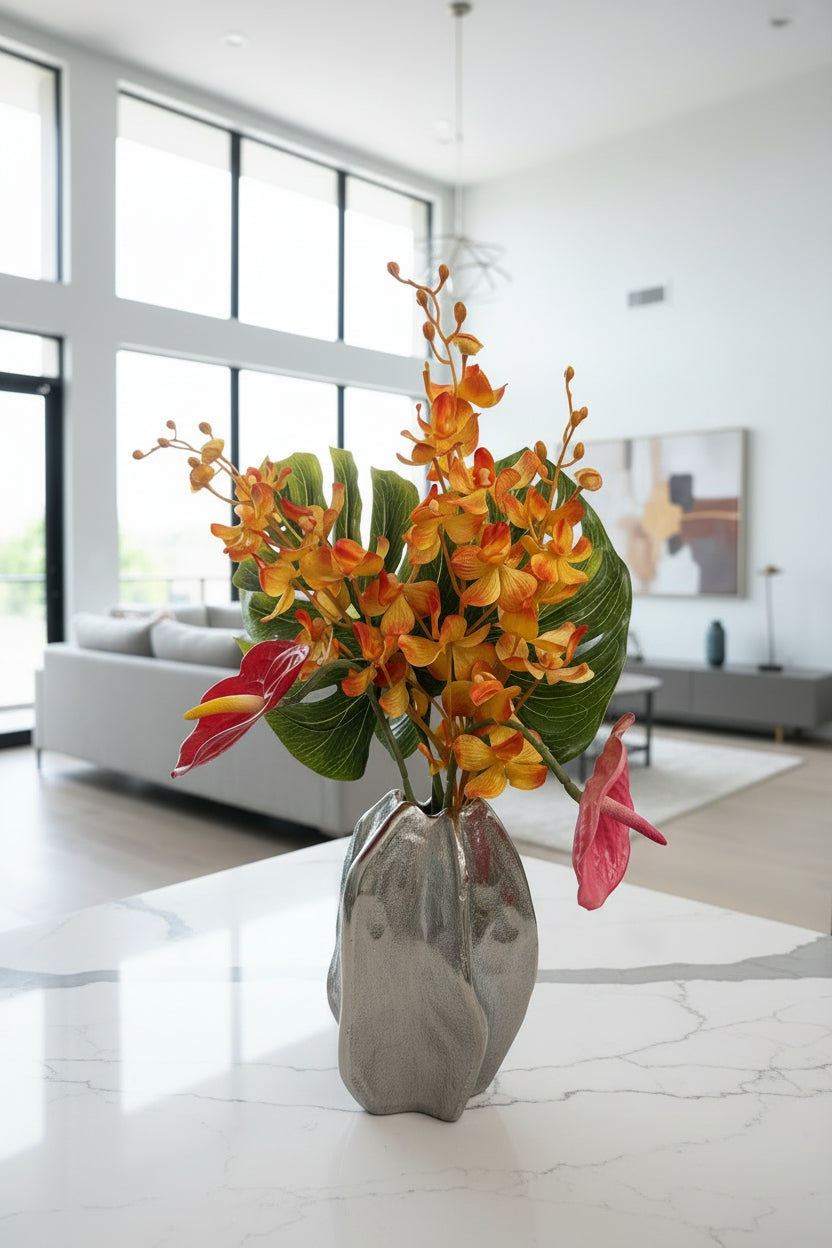 Fresh Floral Arrangement in Silver Vase – Two Color Variations