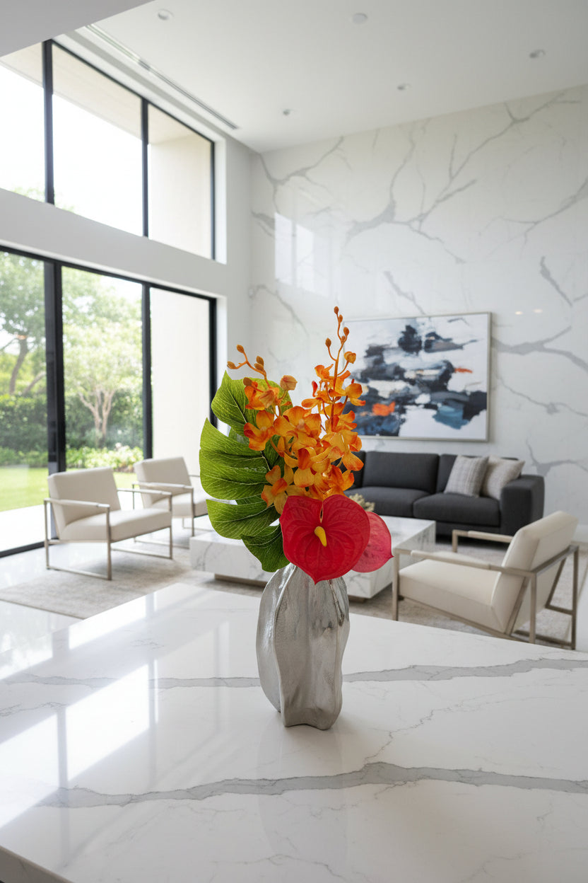 Fresh Floral Arrangement in Silver Vase – Two Color Variations