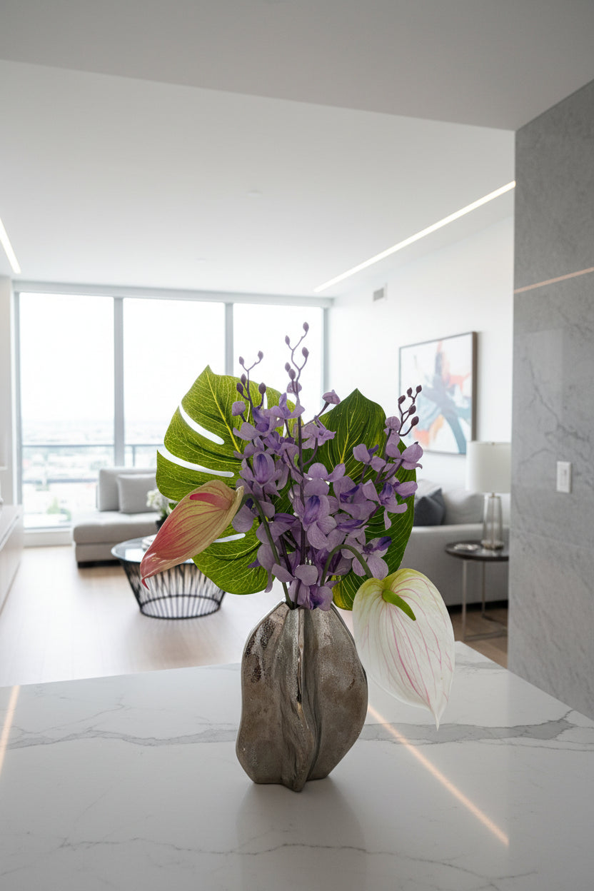 Fresh Floral Arrangement in Silver Vase – Two Color Variations
