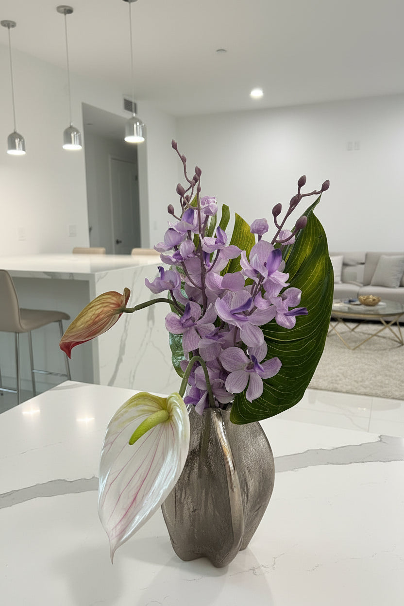 Fresh Floral Arrangement in Silver Vase – Two Color Variations