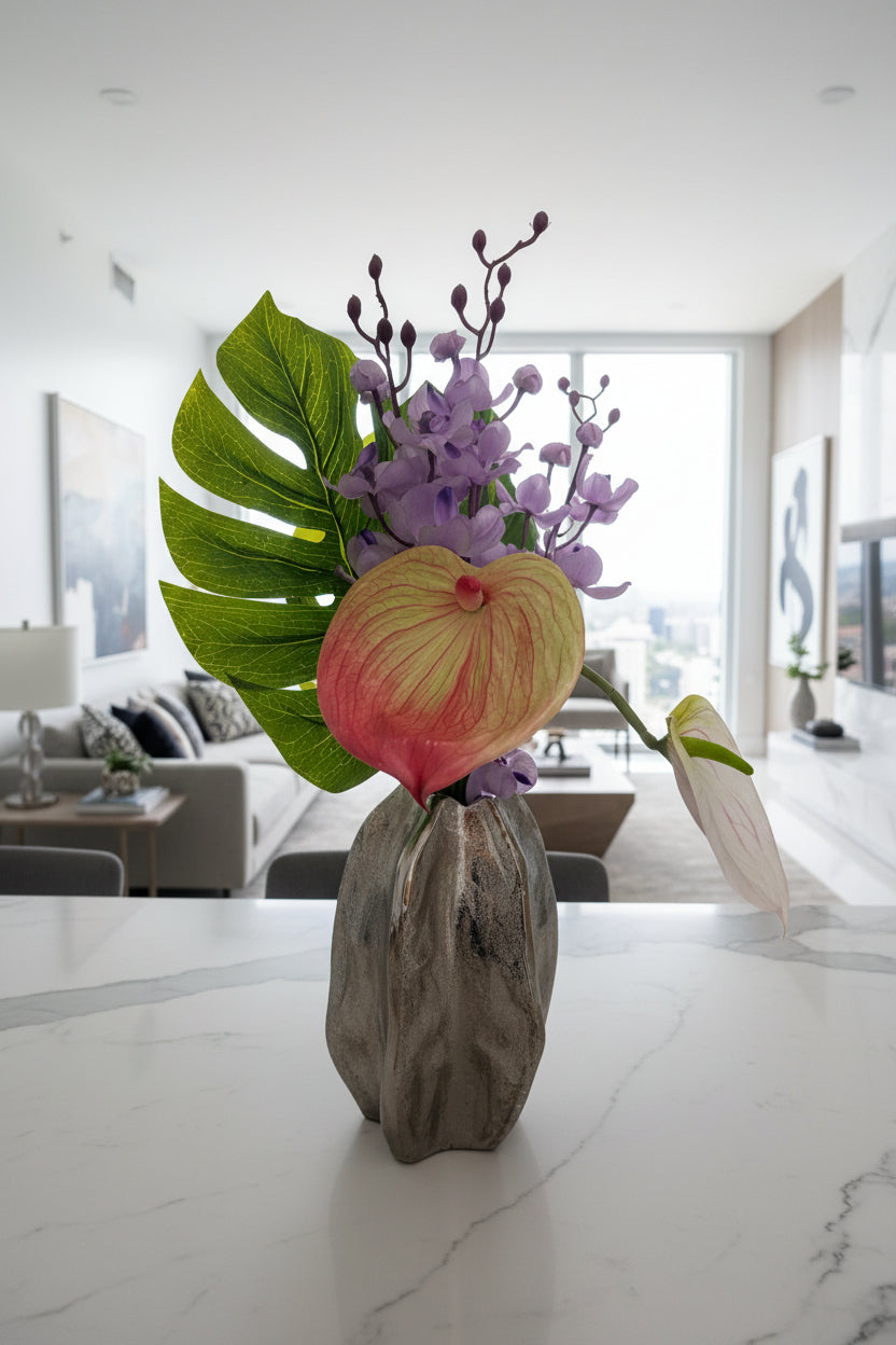 Fresh Floral Arrangement in Silver Vase – Two Color Variations