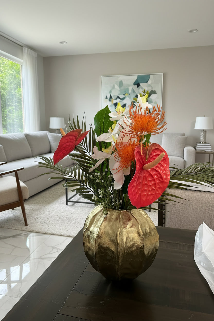 White Orchid & Spider Lily Floral Arrangement – Exotic Silk Centerpiece