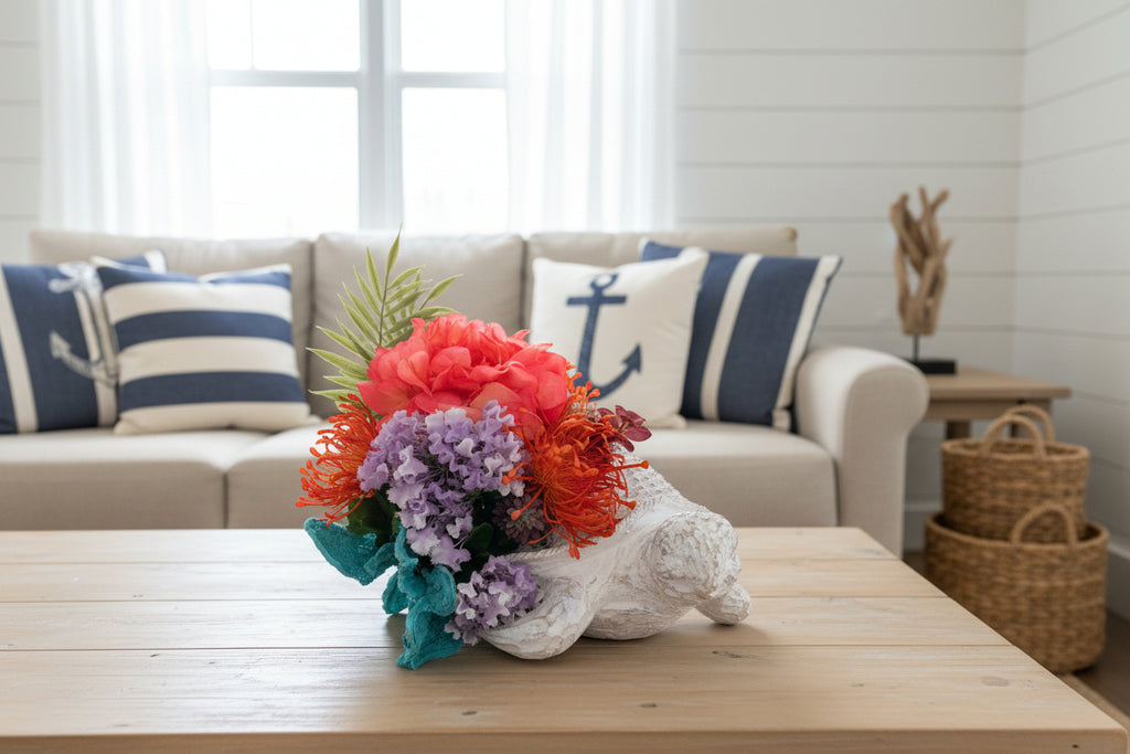 Rustic Sea Turtle Sculpture with Coral Reef Floral Arrangement