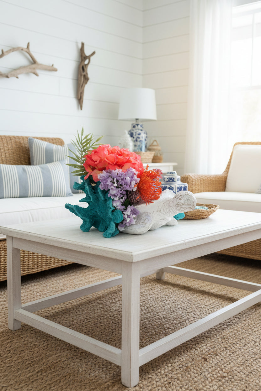 Rustic Sea Turtle Sculpture with Coral Reef Floral Arrangement