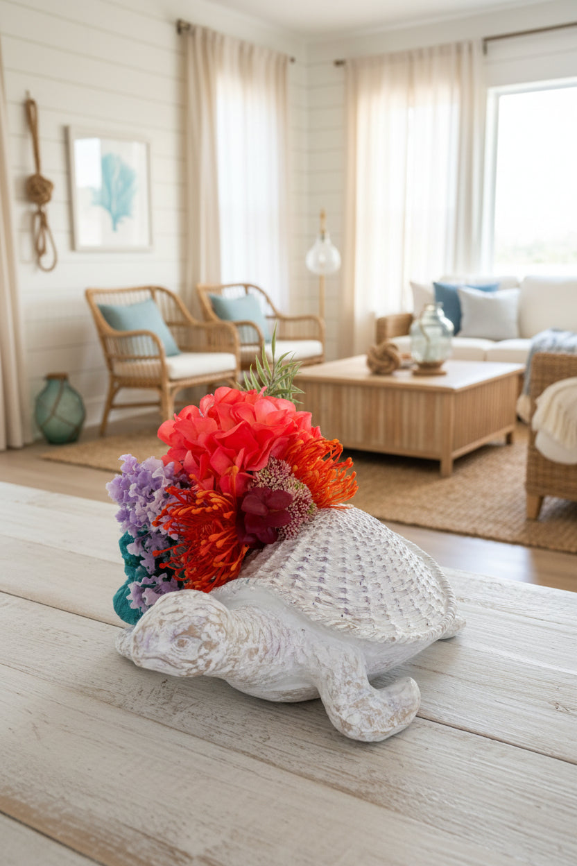 Rustic Sea Turtle Sculpture with Coral Reef Floral Arrangement