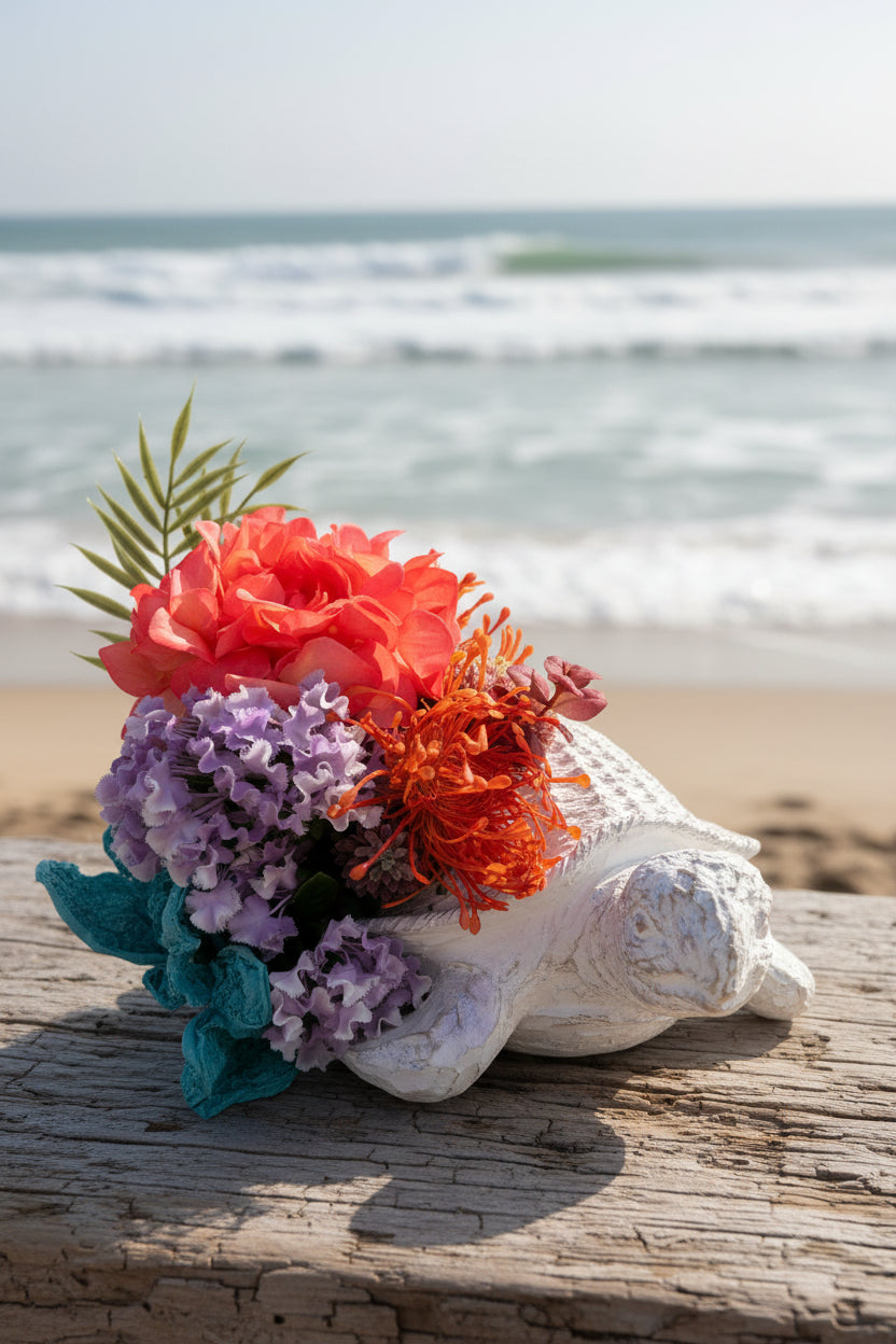 Rustic Sea Turtle Sculpture with Coral Reef Floral Arrangement