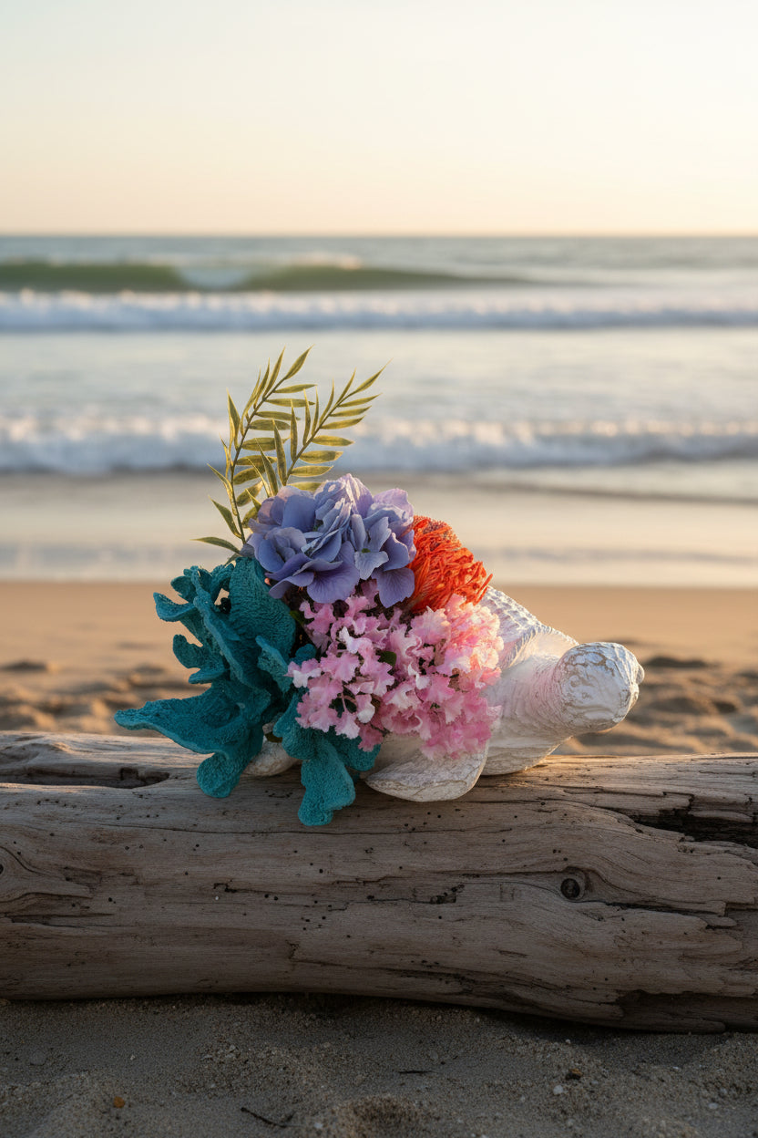 Rustic Sea Turtle Sculpture with Coral Reef Floral Arrangement