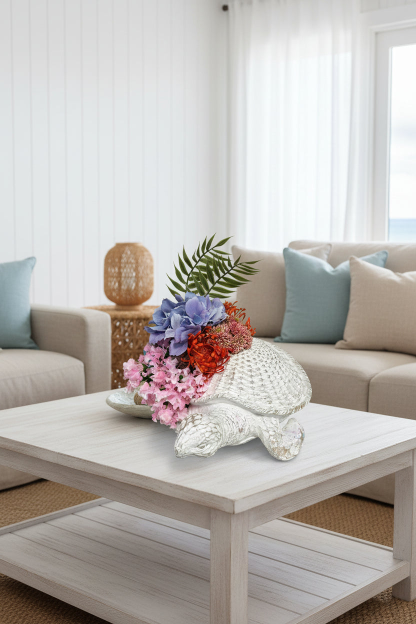 Rustic Sea Turtle Sculpture with Coral Reef Floral Arrangement