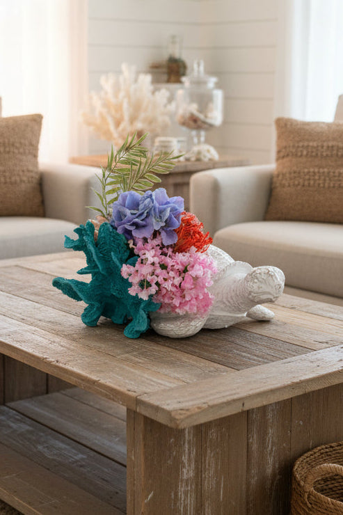Rustic Sea Turtle Sculpture with Coral Reef Floral Arrangement
