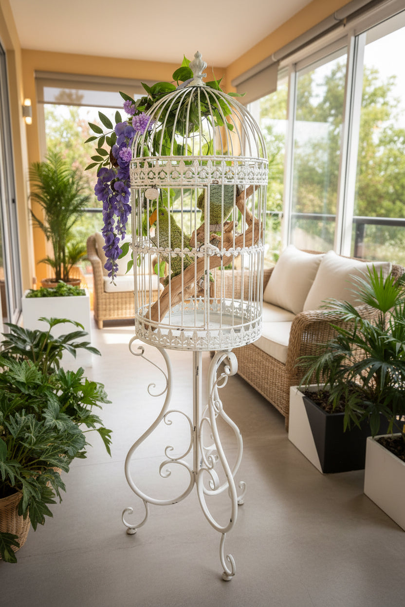 Parrots in White Cage – Artistic Metal & Ceramic Bird Sculpture