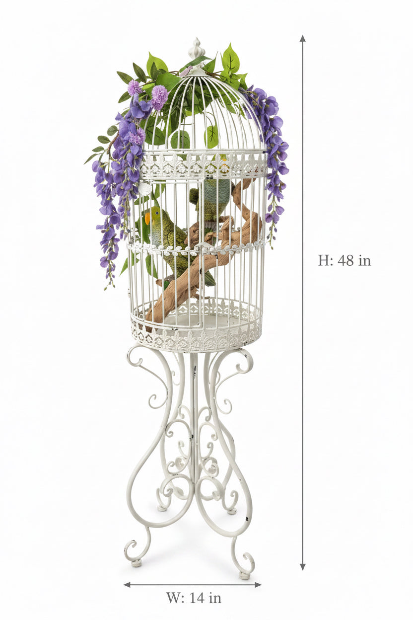Parrots in White Cage – Artistic Metal & Ceramic Bird Sculpture