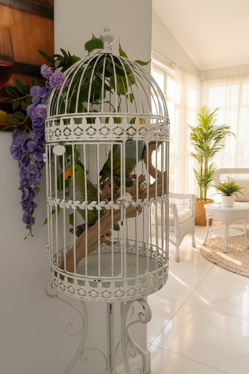 Parrots in White Cage – Artistic Metal & Ceramic Bird Sculpture