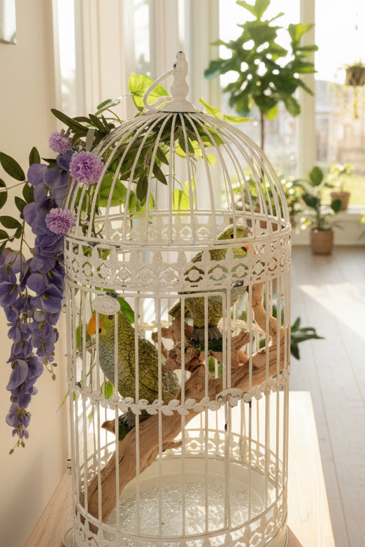 Parrots in White Cage – Artistic Metal & Ceramic Bird Sculpture