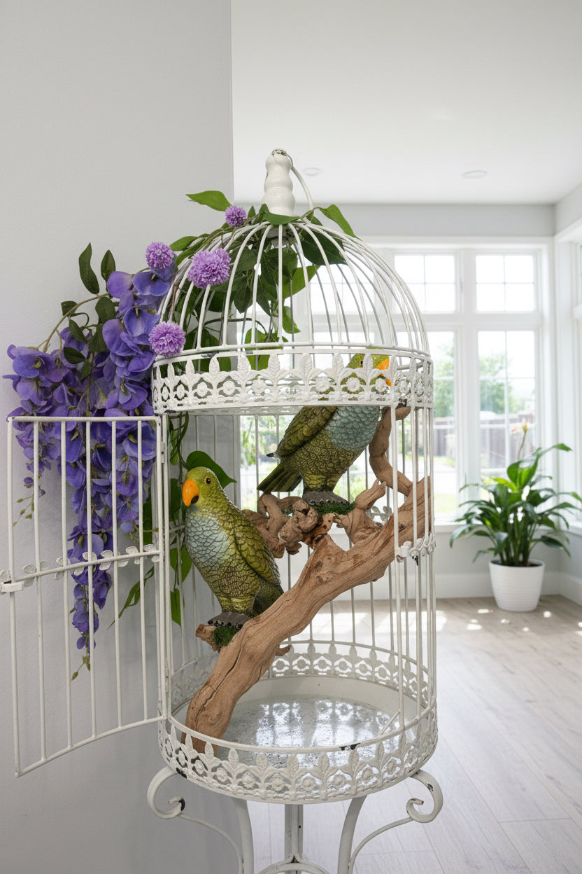 Parrots in White Cage – Artistic Metal & Ceramic Bird Sculpture