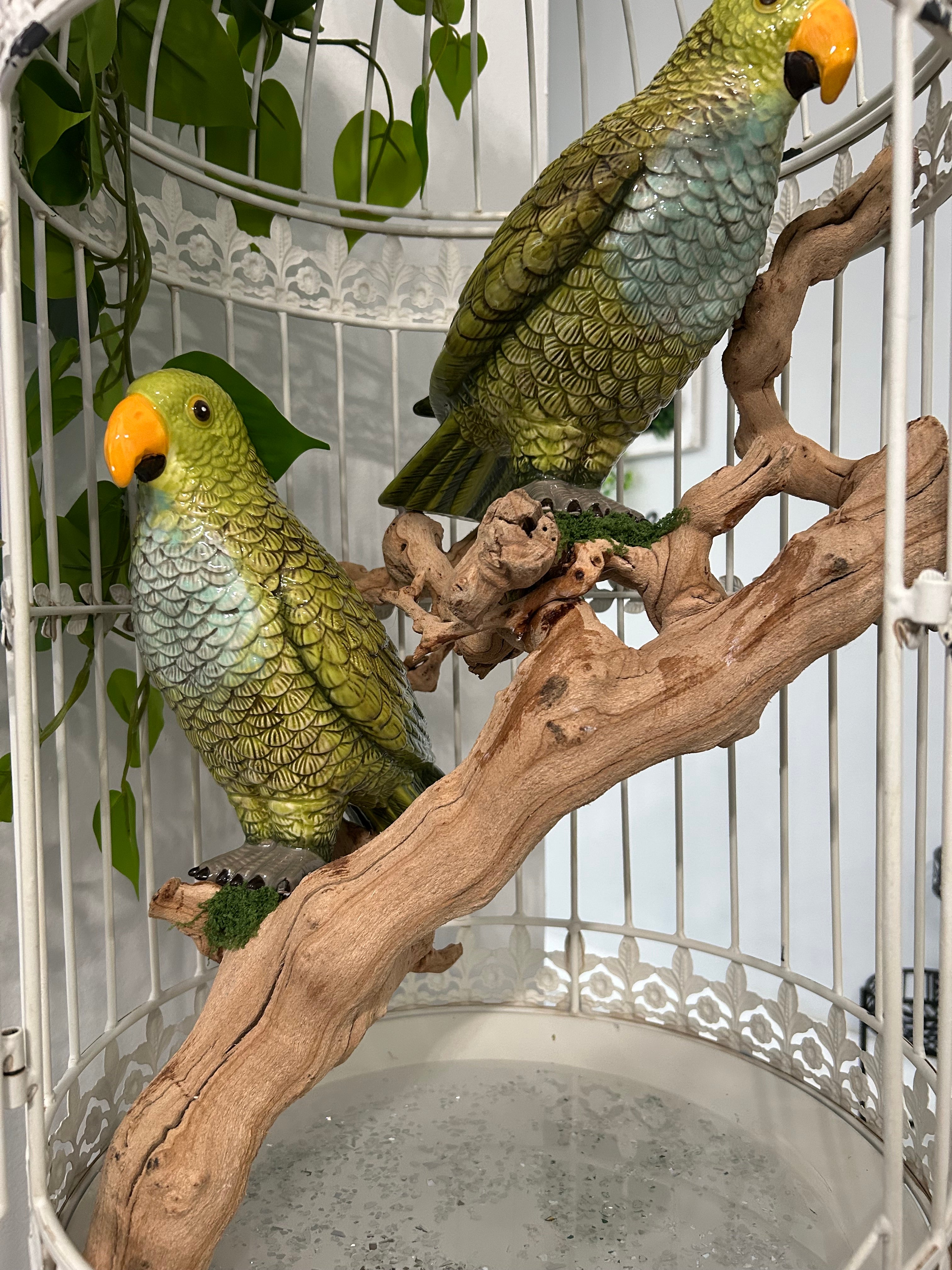Parrots in White Cage – Artistic Metal & Ceramic Bird Sculpture