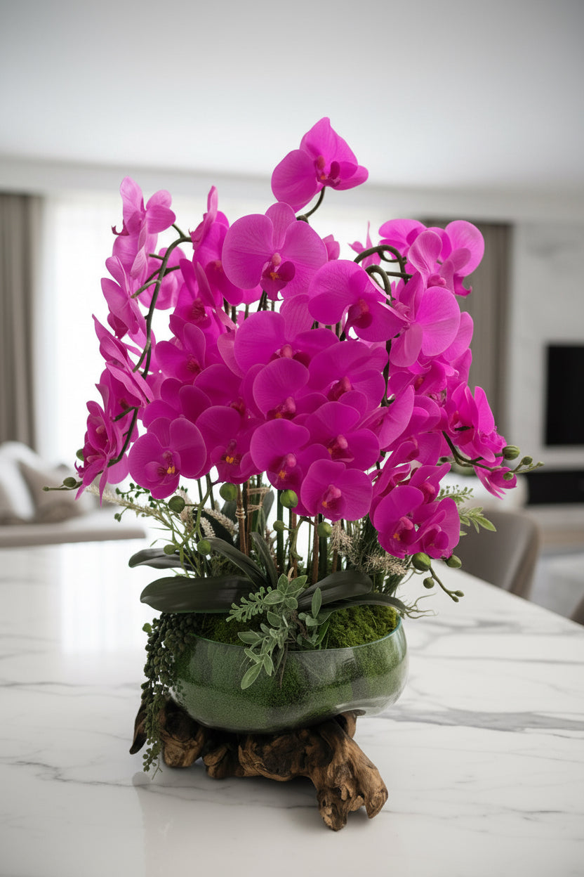 Violet Orchid Faux Floral Arrangement in Glass & Wood Vase