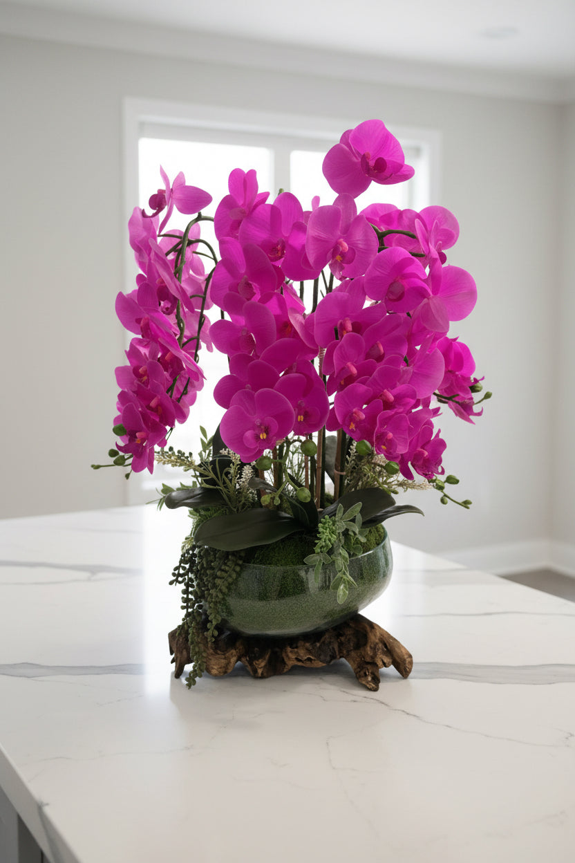 Violet Orchid Faux Floral Arrangement in Glass & Wood Vase
