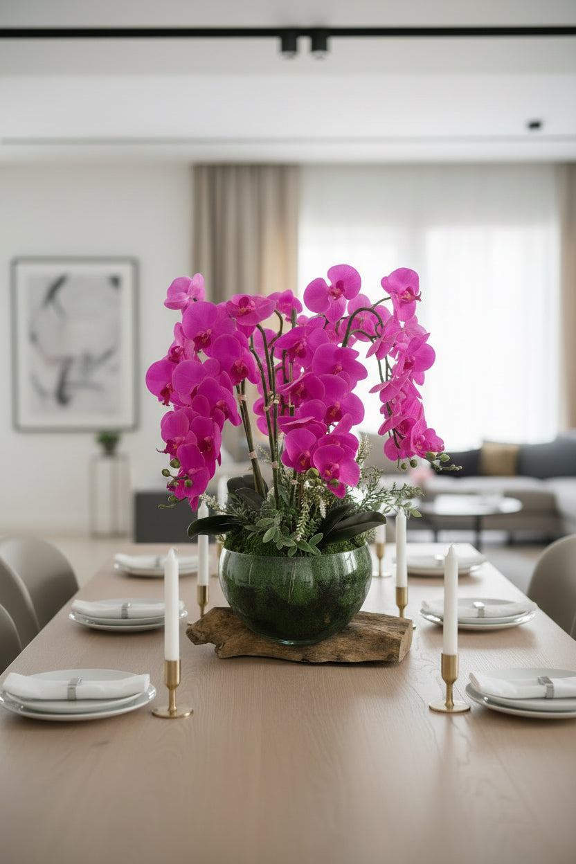 Violet Orchid Faux Floral Arrangement in Glass & Wood Vase