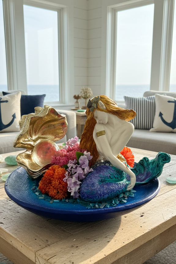 Sitting Mermaid with Sea Conch – Floral & Pearl Coastal Décor