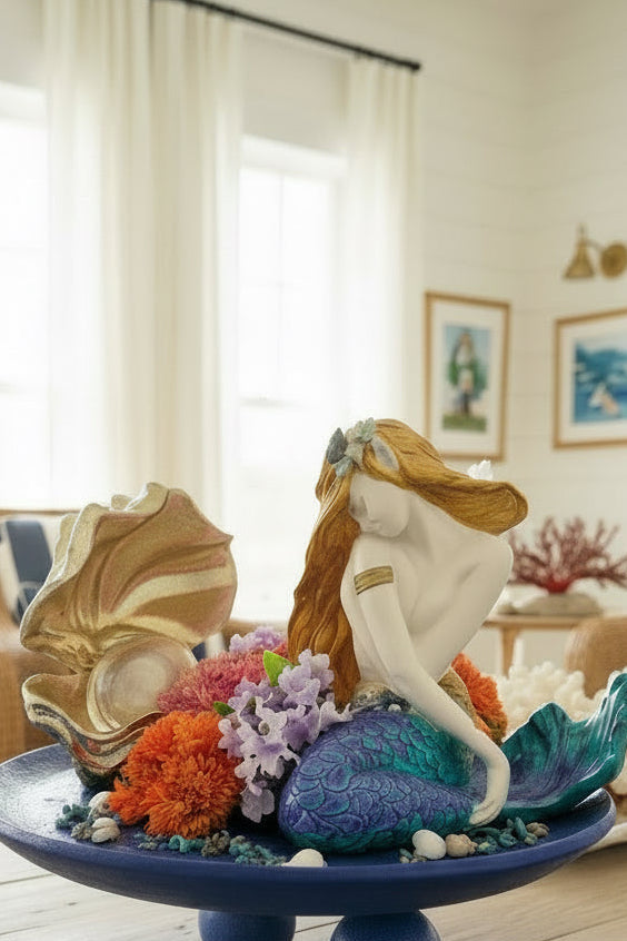 Sitting Mermaid with Sea Conch – Floral & Pearl Coastal Décor