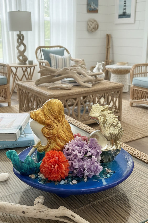 Sitting Mermaid with Sea Conch – Floral & Pearl Coastal Décor