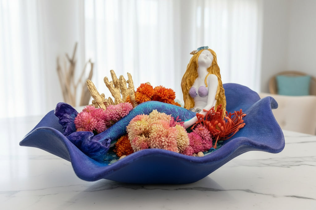 Mermaid on Coral Reef Hand-Painted Floral Vase