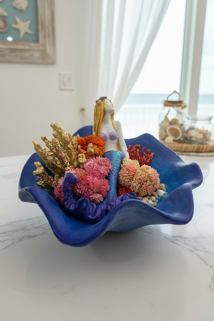 Mermaid on Coral Reef Hand-Painted Floral Vase