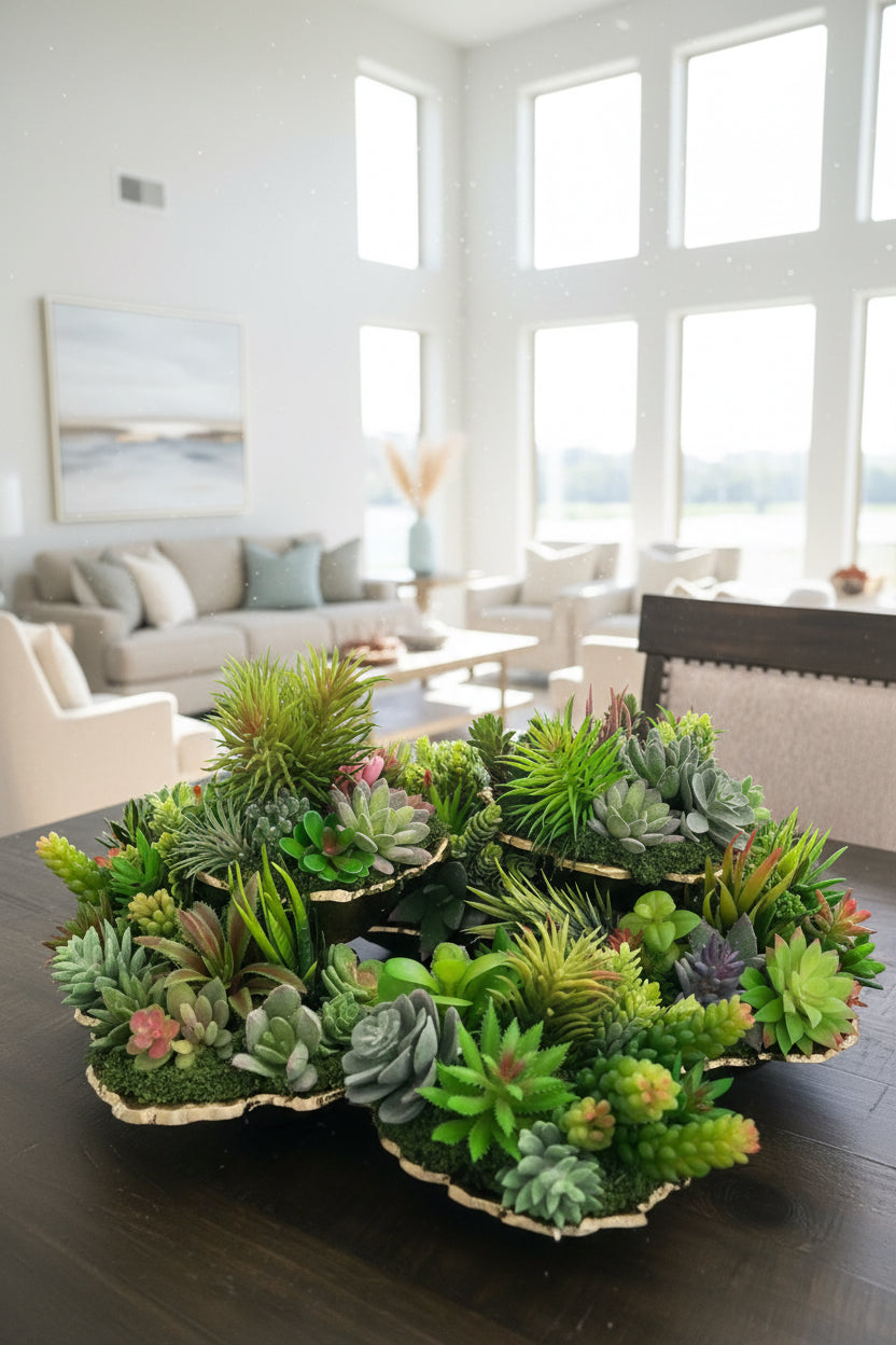 Succulent Garden in Golden Mounted Cups