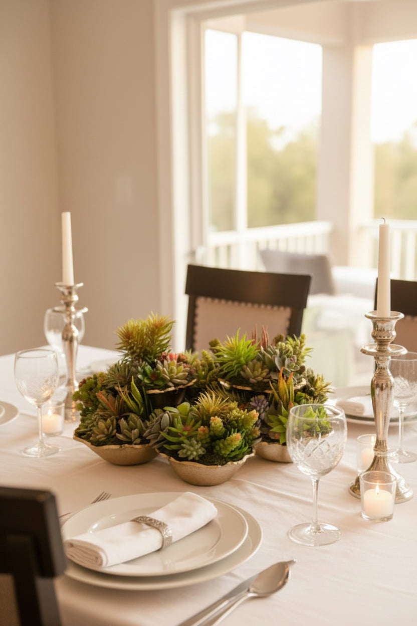 Succulent Garden in Golden Mounted Cups