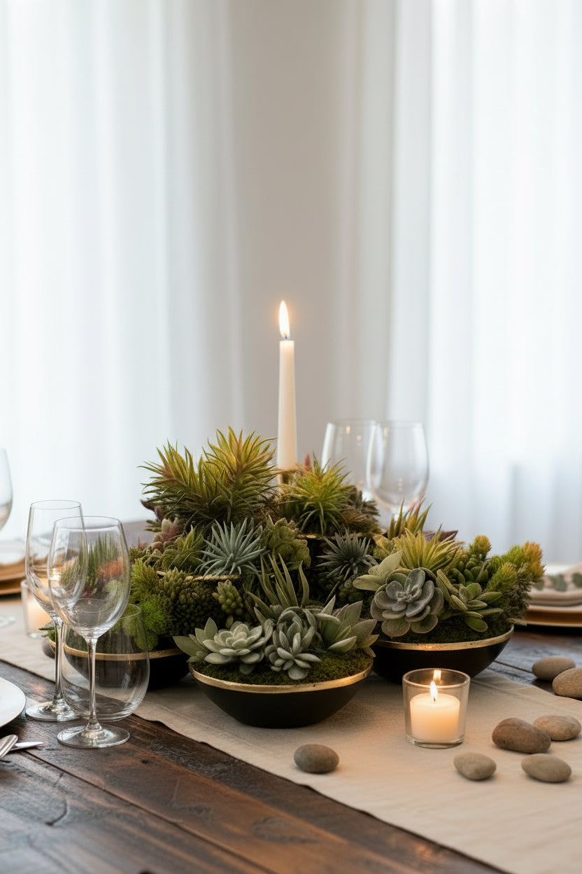 Succulent Garden in Golden Mounted Cups