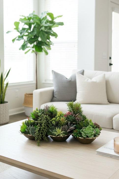 Succulent Garden in Golden Mounted Cups