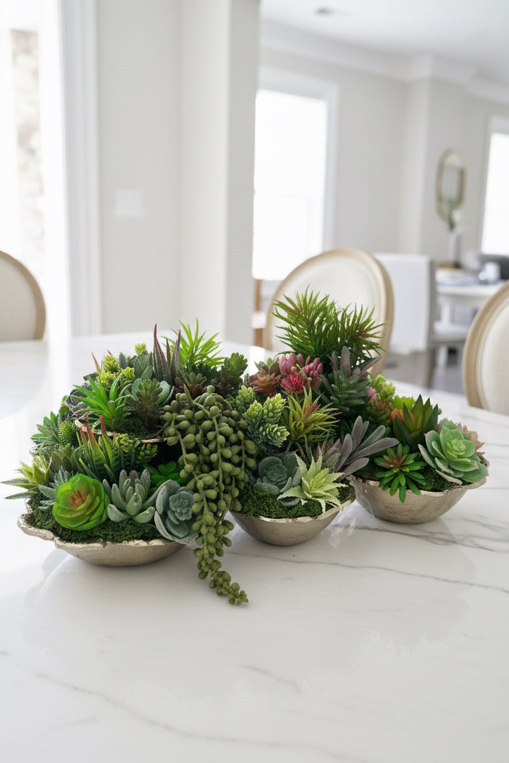 Succulent Garden in Golden Mounted Cups