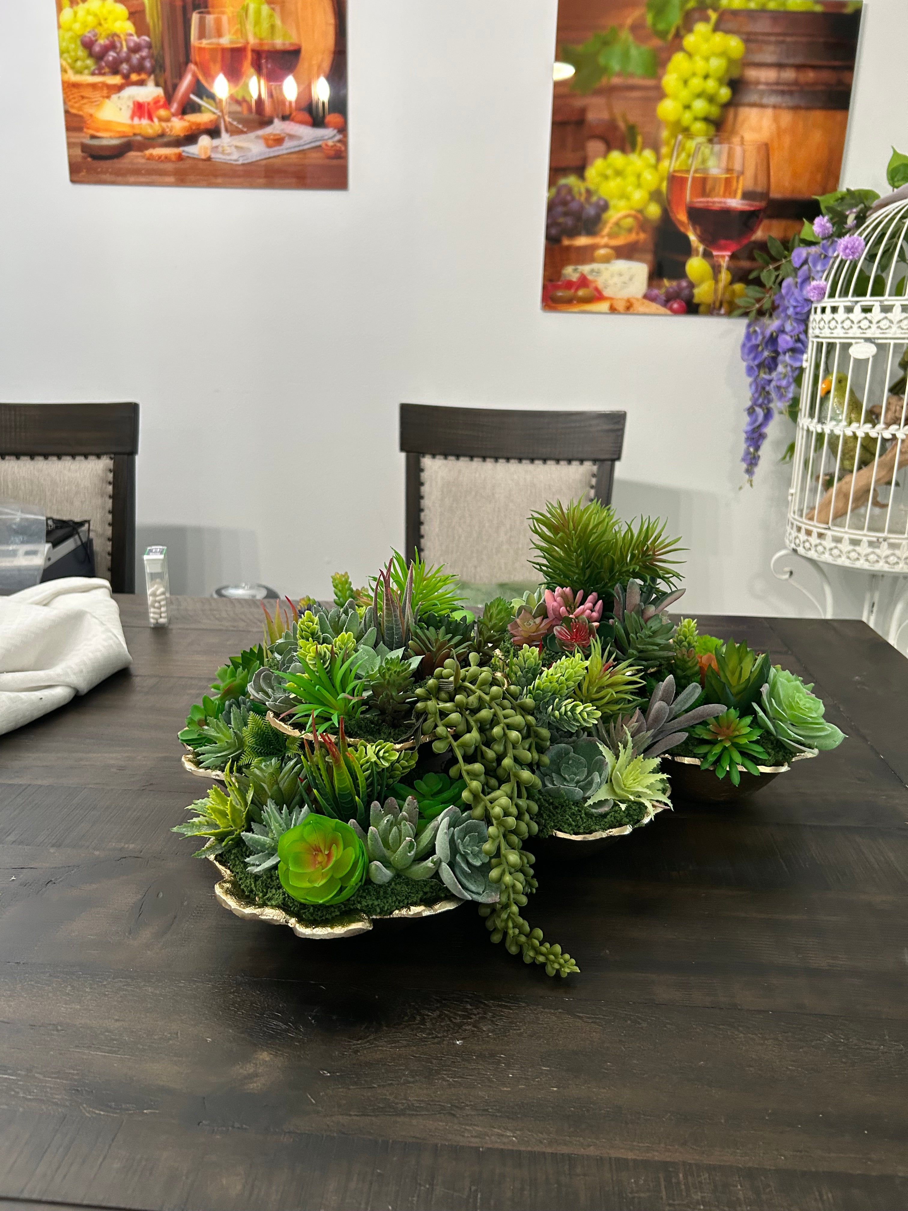 Succulent Garden in Golden Mounted Cups