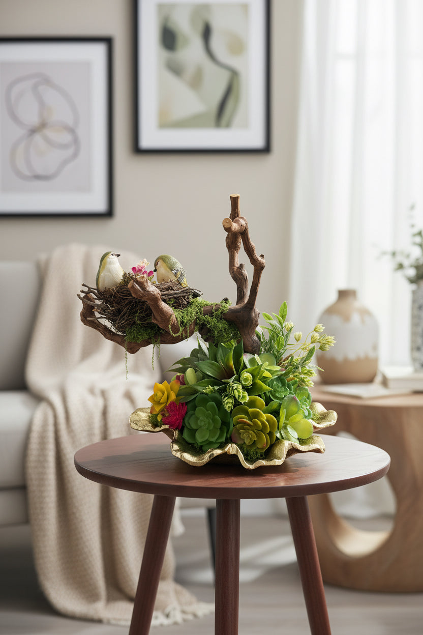 Birds Nest Faux Floral Sculpture | Succulent & Wildflower Arrangement on Gold Plate