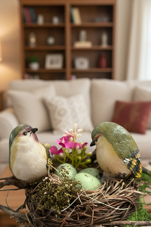 Birds Nest Faux Floral Sculpture | Succulent & Wildflower Arrangement on Gold Plate